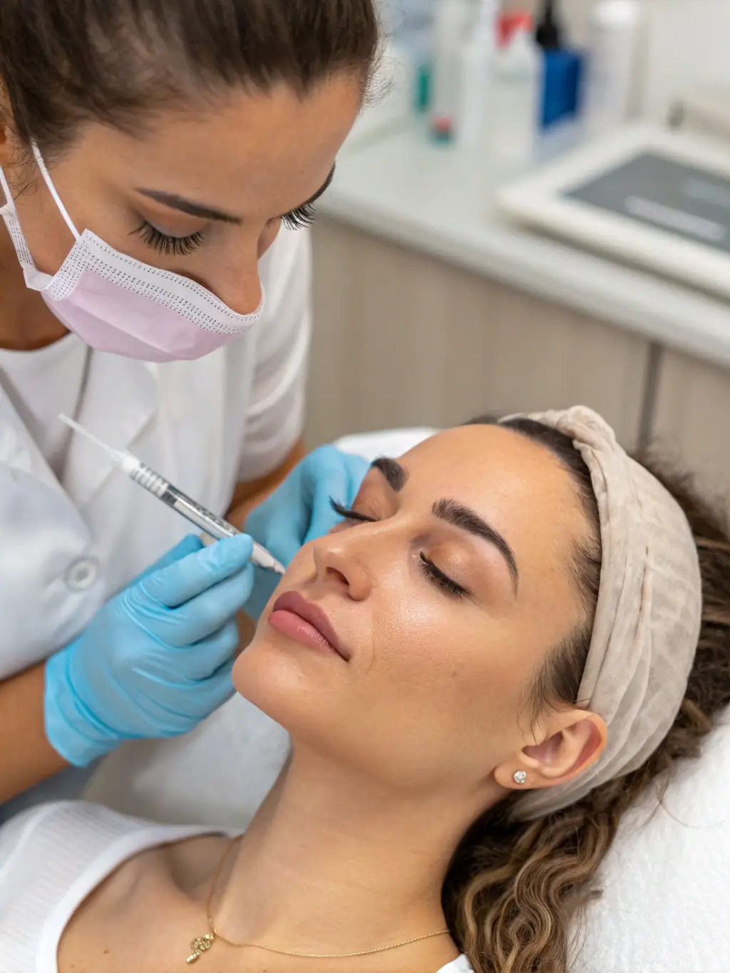 A close-up shot of a patient receiving Botox injections in a medical spa setting, highlighting the precision and care involved in the procedure.