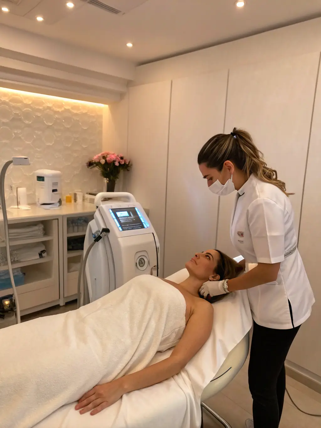 A side view of a client undergoing a body contouring session, showing targeted treatment areas.