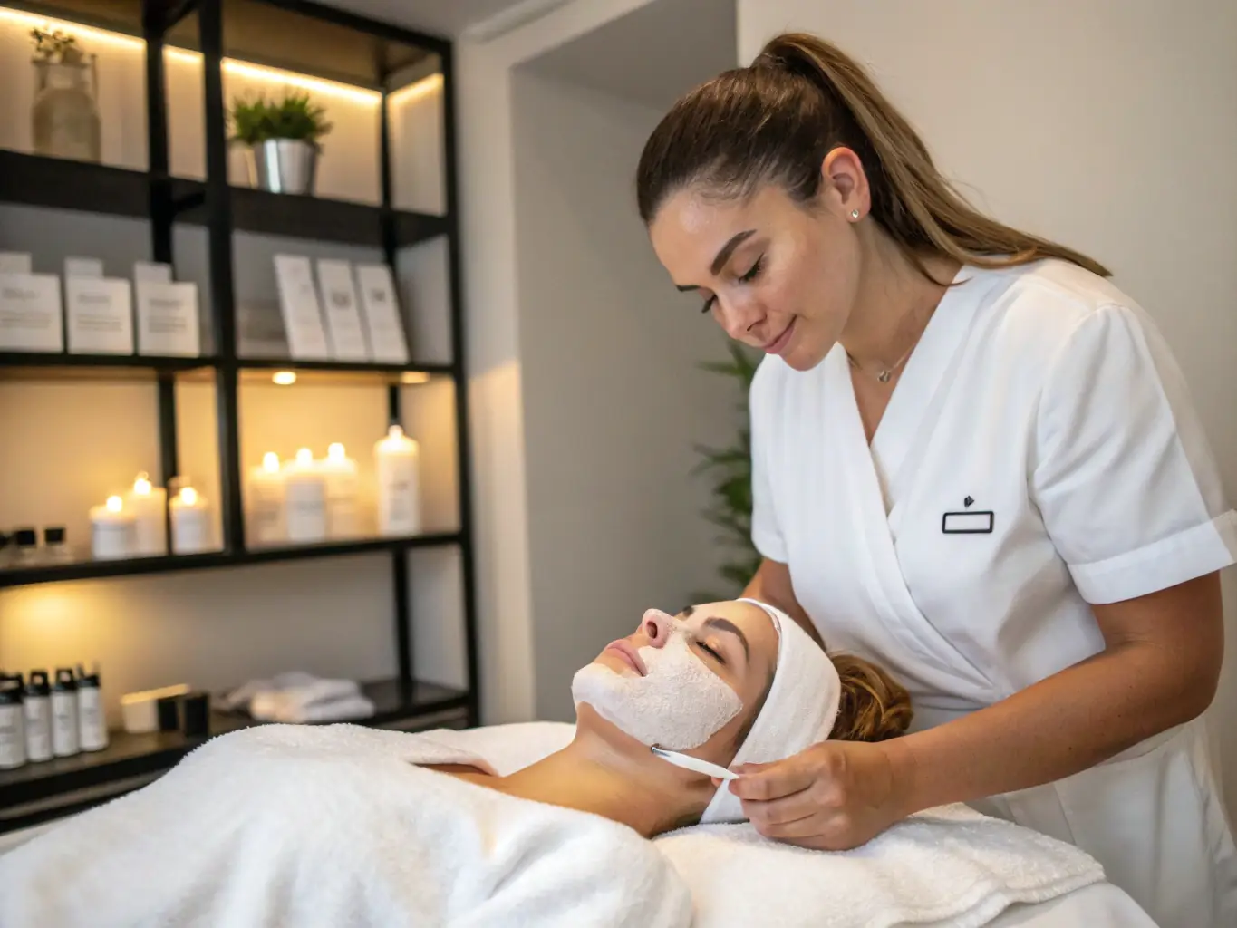 A serene spa room with soft lighting, showcasing a dermatologist applying a rejuvenating facial mask to a client, emphasizing the relaxation and skin health benefits of facials.