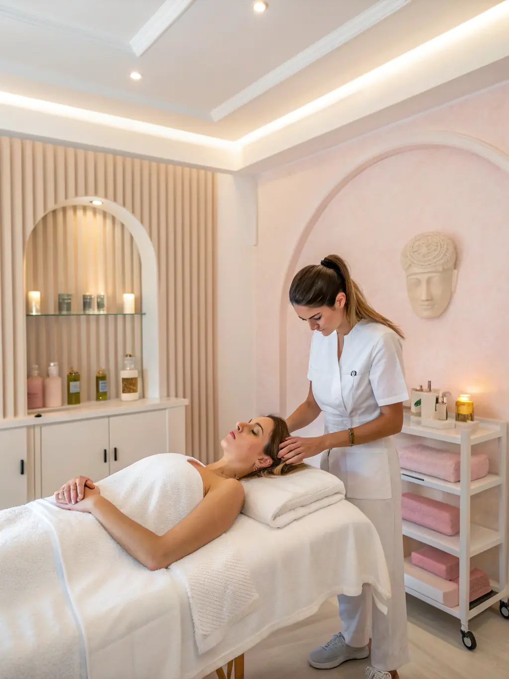 A person receiving a facial treatment, with focus on the esthetician's hands and the client's relaxed expression.