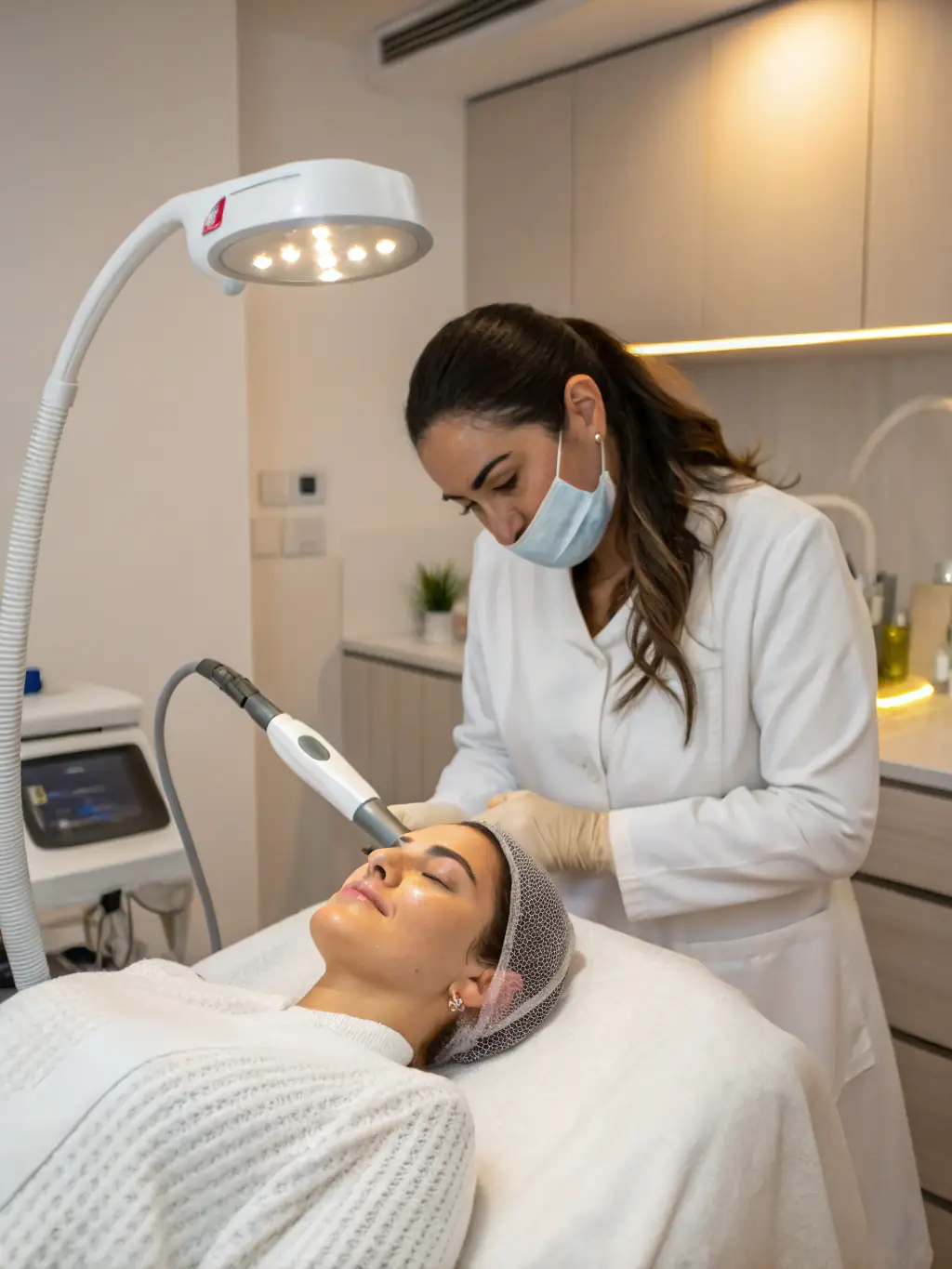 A patient undergoing a laser skin resurfacing treatment, showcasing the advanced technology used to improve skin texture and tone.