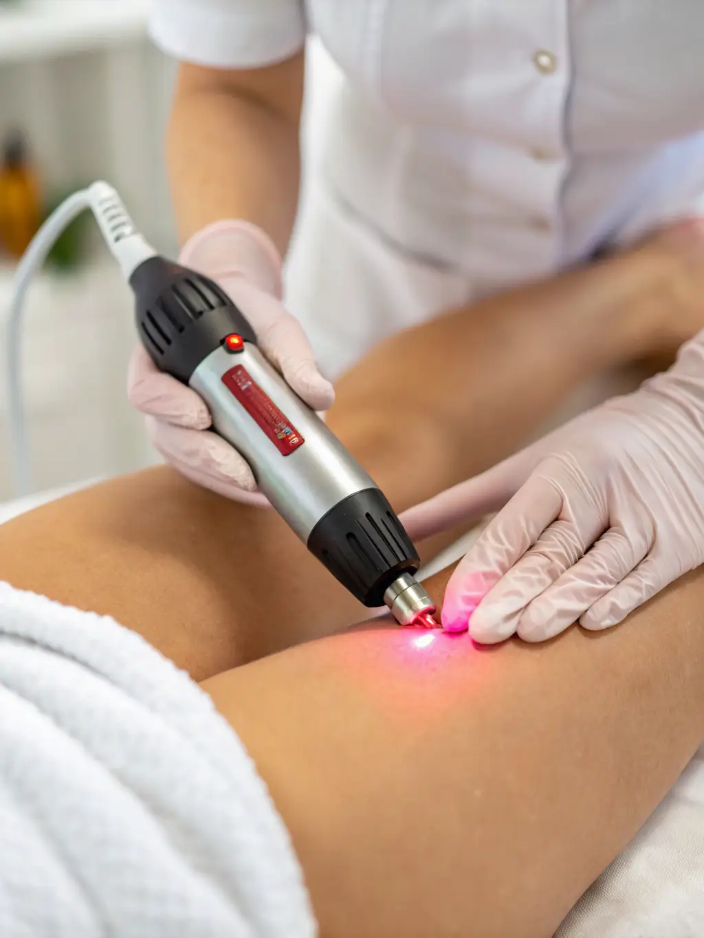 A close-up image of a client receiving a laser treatment on their face, highlighting clear, glowing skin.