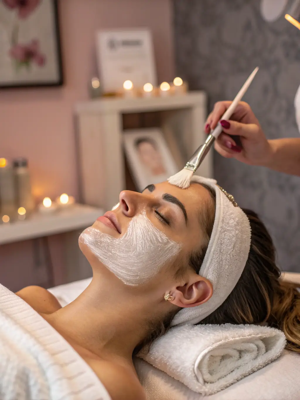A serene image of a client receiving a customized facial, emphasizing the relaxing and rejuvenating aspects of the treatment.